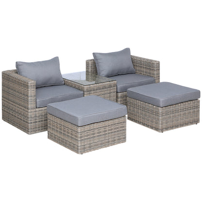 Outsunny 5 Piece Rattan Garden Furniture Set w/ 10cm Thick Cushions, Aluminium Frame Wicker Outdoor Balcony Sofa Set with Corner Armchairs, Ottomans, and Glass Top Table, Mixed Brown 