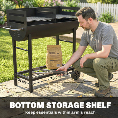 Outsunny Charcoal Barbecue Grill with 2 Cooking Areas, Portable BBQ Trolley with Wheels, Height Adjustable Grates, Bottom Shelf 