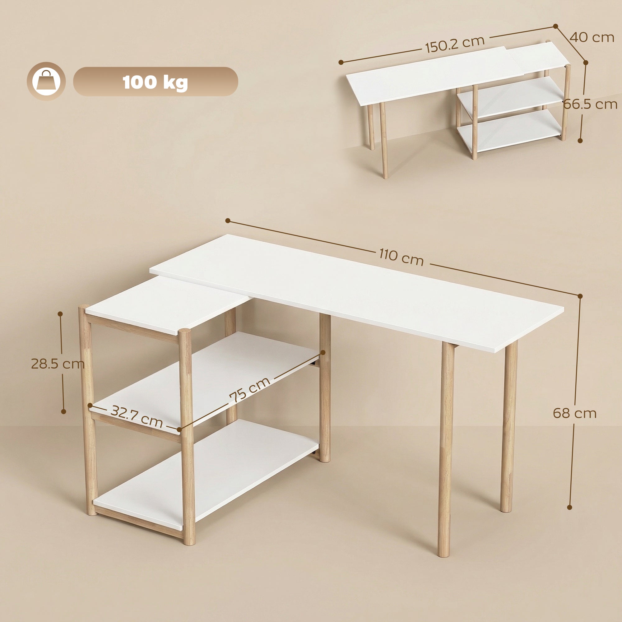 HOMCOM Computer Desk with Storage Shelves Modern Writing Desk Bamboo Frame for Home Office 150 cm White and Oak 