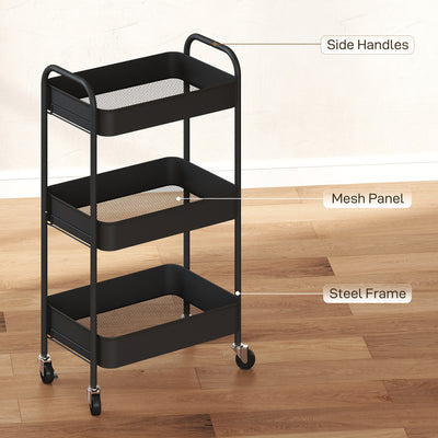 HOMCOM Three-Tier Steel Storage Trolley - Black 