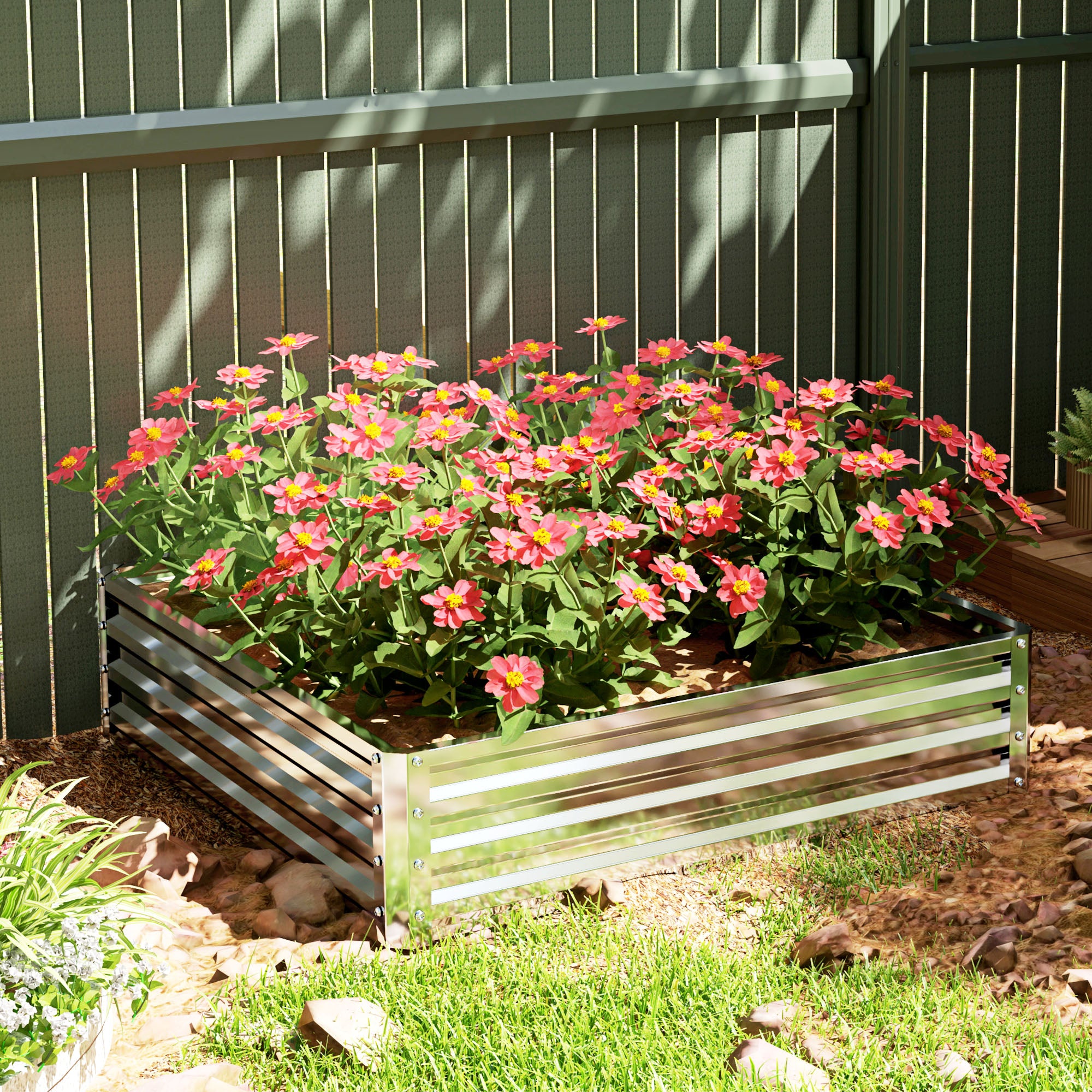 Outsunny Square Raised Garden Bed Box with Weatherized Steel Frame for Vegetables, Flowers, & Herbs, 120 x 120 x 30cm, Silver Tone 