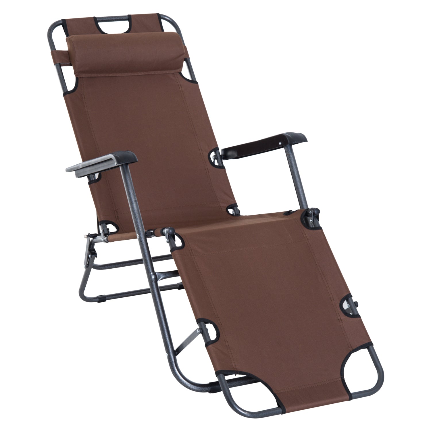 Outsunny 2 in 1 Sun Lounger Folding Reclining Chair Garden Outdoor Camping Adjustable Back with Pillow, Brown 