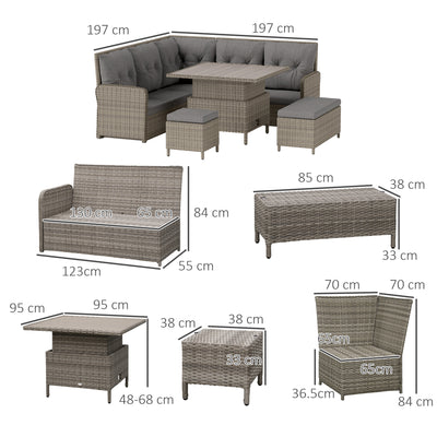 Outsunny 6 Pieces Outdoor PE Rattan Garden Furniture, Patio Wicker Sectional Conversation Corner Sofa w/ Soft Padded Cushion & Liftable Coffee Table, Light Grey 