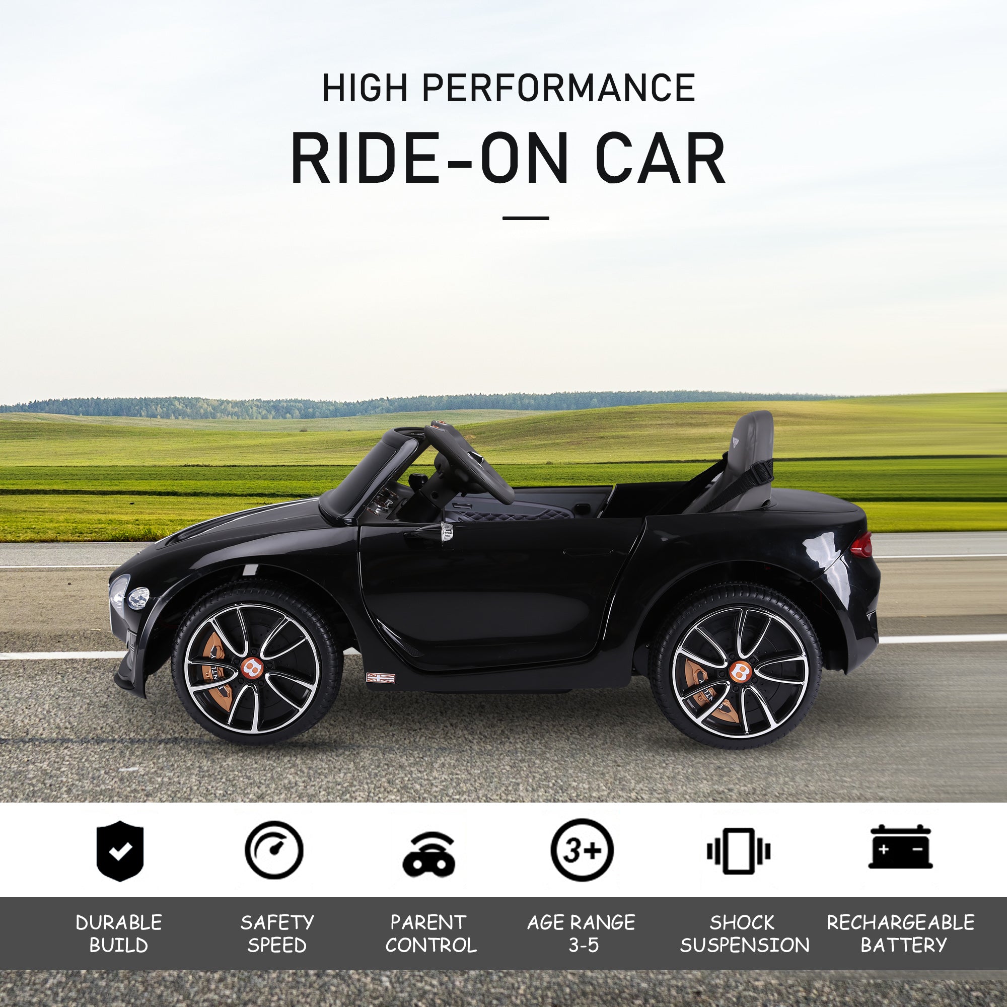HOMCOM Bentley GT Licensed 12V Electric Car for Kids, Kid's Electric Ride on with Remote Control, Ride on Car with LED Lights, Music, for 3-5 Years, Black 
