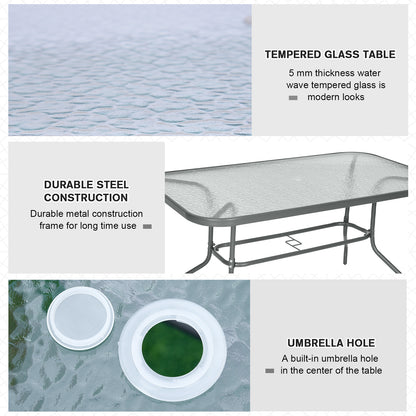 Outsunny Garden Dining Table Glass Top Metal Frame with Parasol Hole Outdoor Balcony Grey 140L x 80Wcm 