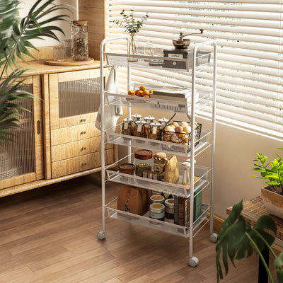 HOMCOM Five-Steel Mesh Basket Storage Trolley, with Wheels - White 