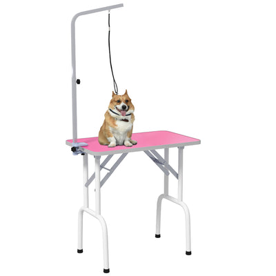 PawHut 32" Foldable Dog Grooming Table Pet Drying Beauty Table Adjustable Fixed Arm Rubber Top, Pink 