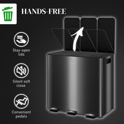 HOMCOM 3 x 15L Pedal Bin, Steel Triple Kitchen Bin with Soft Close Lid, Removable Inner Buckets, Fingerprint-Proof, Black 