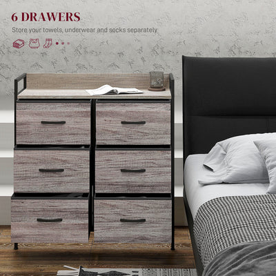 HOMCOM Rustic Chest of Six Fabric Drawers - Grey Wood Effect 