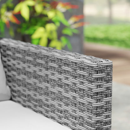 Outsunny 3 Pieces Rattan Bistro Set with 4 Cushions, Wicker Garden Furniture Set, Glass Top Coffee Table and Chairs for Outdoor Patio, Balcony, Terrace and Conservatory, Grey 