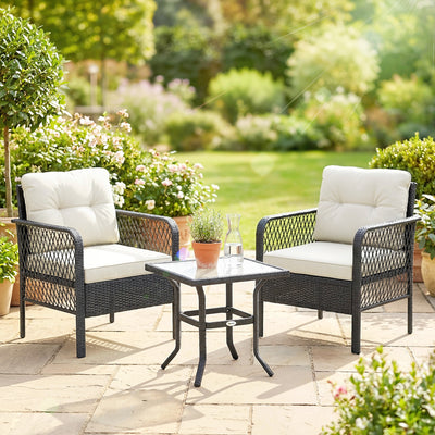 Outsunny 3 Pieces Rattan Bistro Set with Glass Top Coffee Table, Chairs and Cushions for Outdoor, Patio, Balcony, Cream 