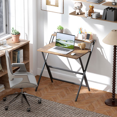HOMCOM 81.5 cm Folding Computer Desk with Monitor Shelf - Rustic Brown 