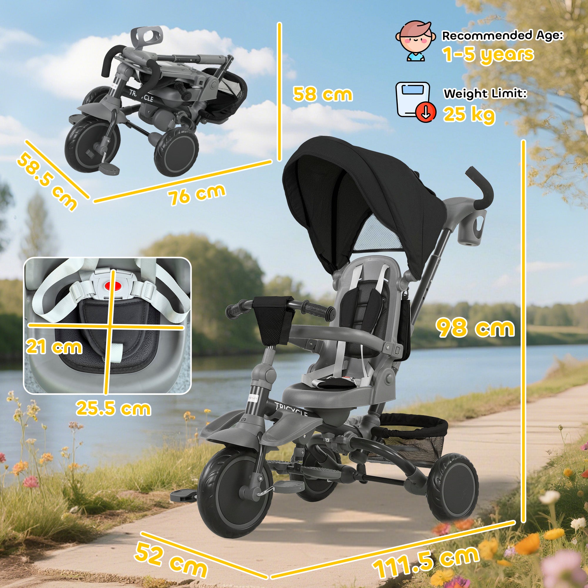 AIYAPLAY 6 in 1 Foldable Kids Trike with Adjustable Parent Handle & Canopy for Ages 1-5, Black