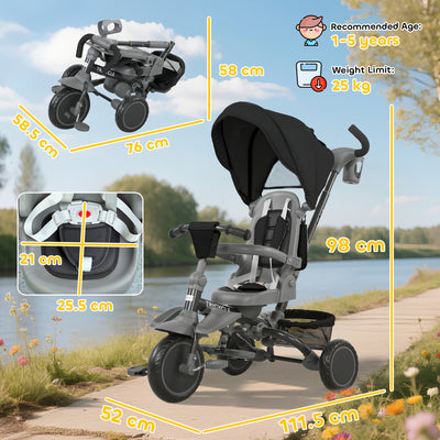 AIYAPLAY 6 in 1 Foldable Kids Trike with Adjustable Parent Handle & Canopy for Ages 1-5, Black 