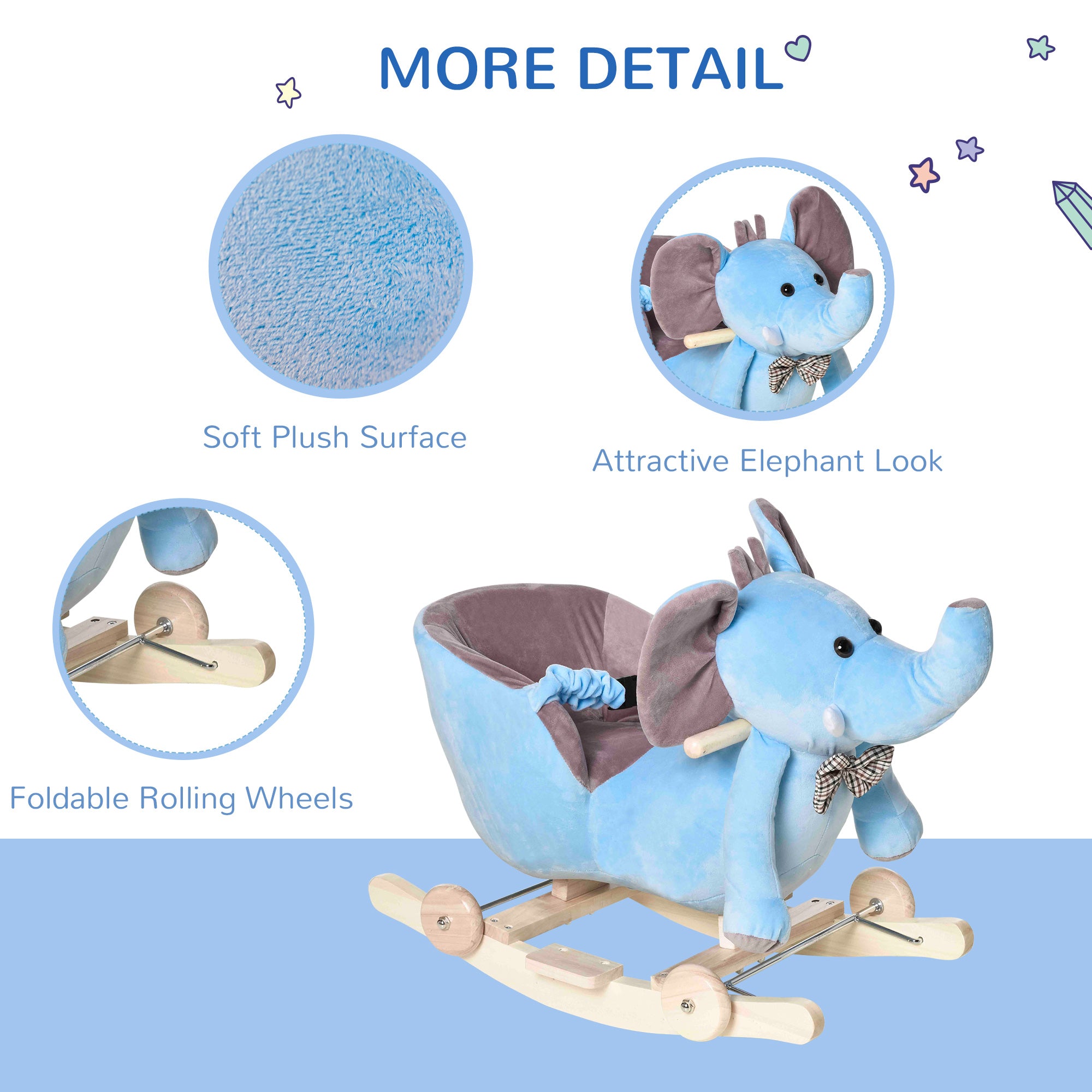 HOMCOM 2 In 1 Plush Baby Ride on Rocking Horse Elephant Rocker with Wheels Wooden Toy for Kids 32 Songs for 18+ Months (Blue) 