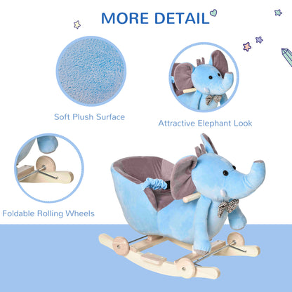HOMCOM 2 In 1 Plush Baby Ride on Rocking Horse Elephant Rocker with Wheels Wooden Toy for Kids 32 Songs for 18+ Months (Blue) 
