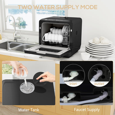 HOMCOM Table Top Dishwasher with Built-in 6L Water Tank, Mini Countertop Dishwasher with 6 Programs, 4 Place Settings, Black 