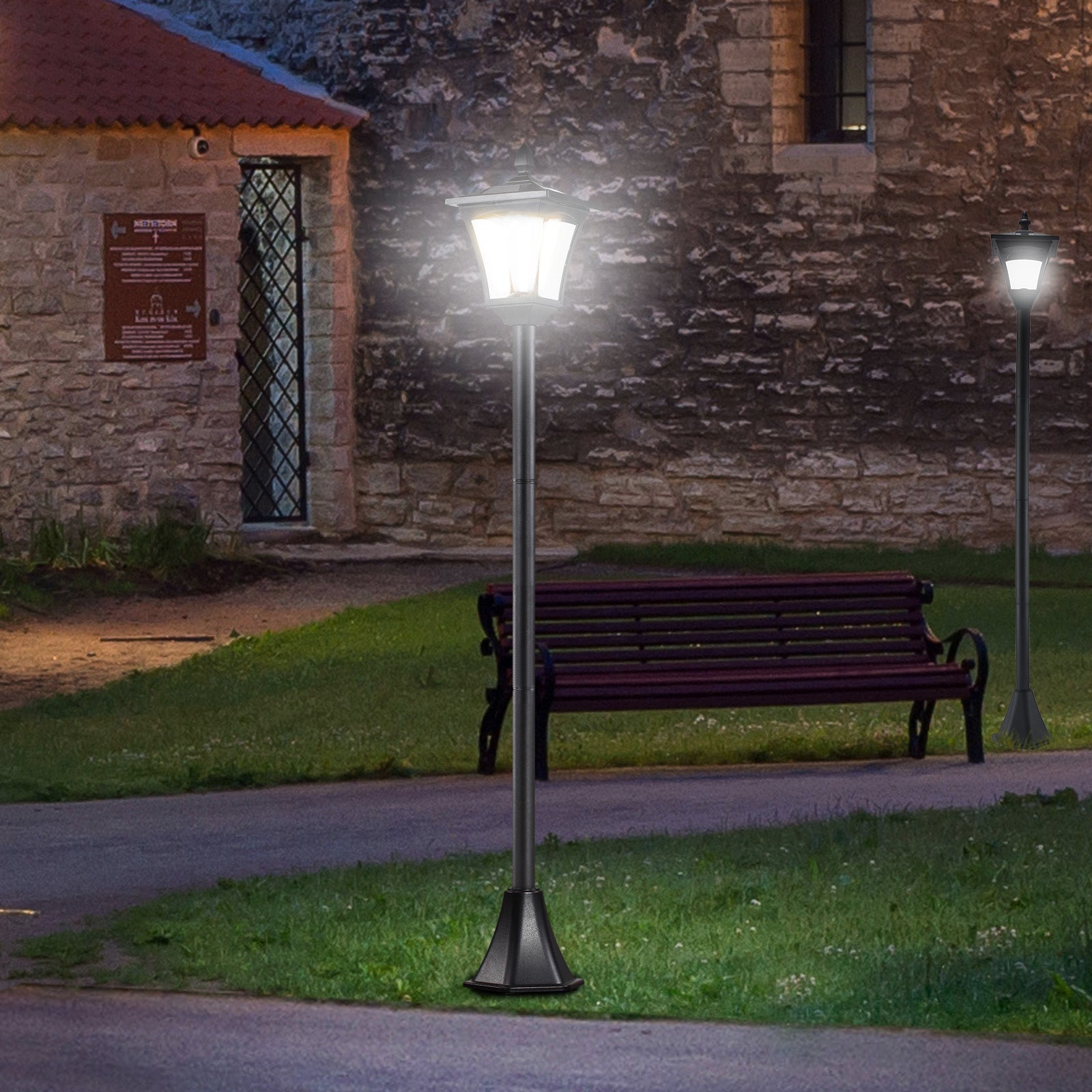 Outsunny 2 Pieces Outdoor Garden Solar Post Lamp Sensor Dimmable LED Lantern Bollard Pathway 1.6M Tall \'e2\'80\'93 Black