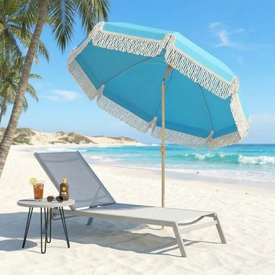 Outsunny 1.7 m Beach Umbrella with Sand Anchor, 30° Tilting Fringed Beach Garden Parasol with Adjustable Height, Grey 