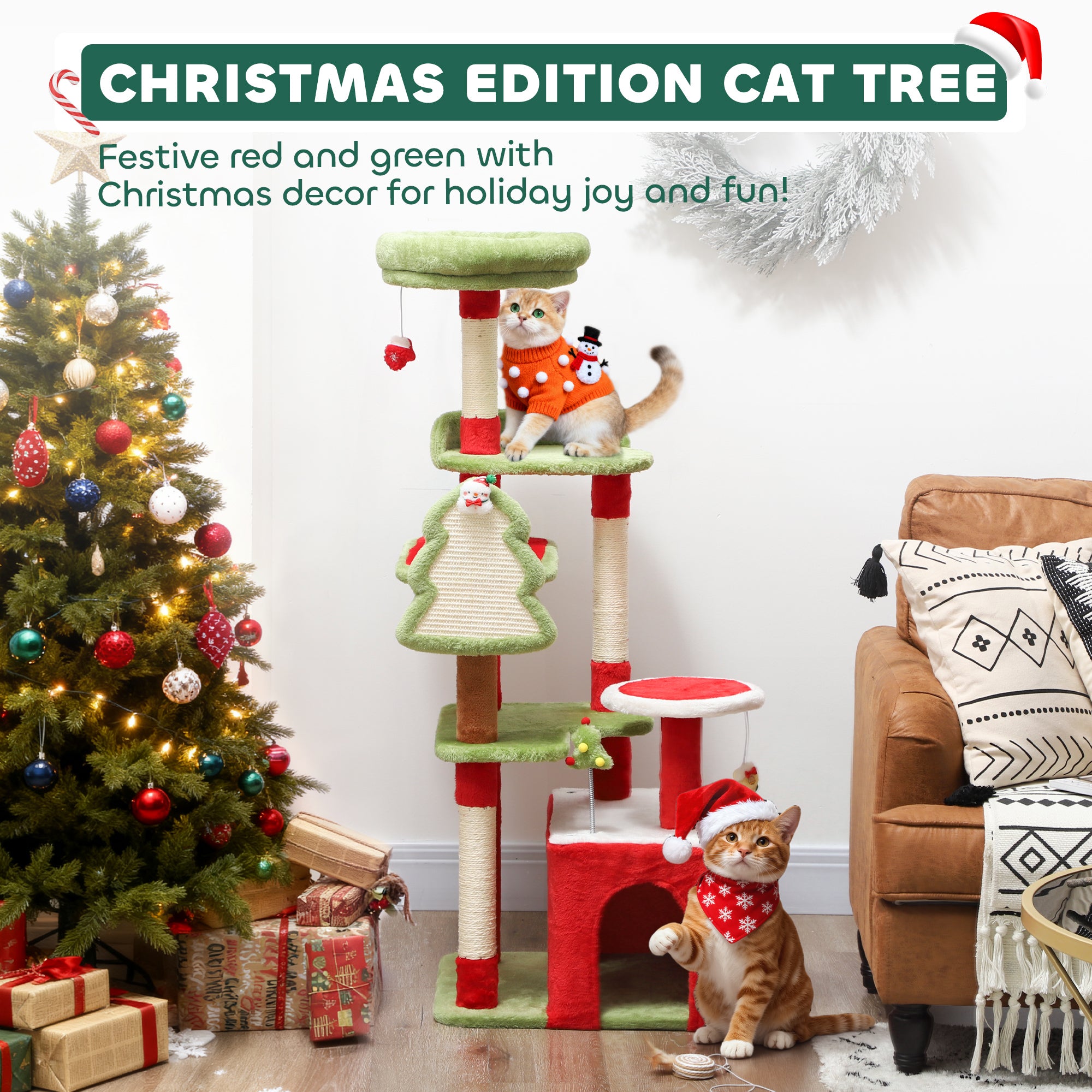 PawHut Cat Tree, 120cm Christmas Cat Tower with 3 Scratching Posts, Scratching Board, 2 Perches, Platforms, Toys, Green 
