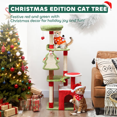 PawHut Cat Tree, 120cm Christmas Cat Tower with 3 Scratching Posts, Scratching Board, 2 Perches, Platforms, Toys, Green 