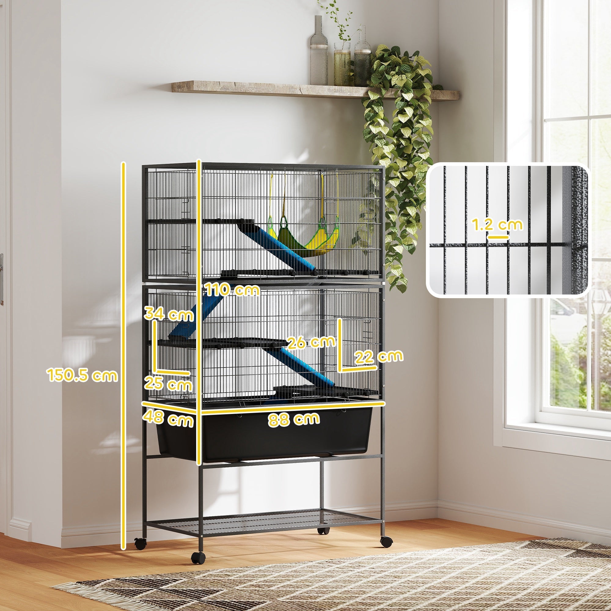 PawHut 5 Levels Rolling Small Animal Cage with Non Slip Ramps, Slide Out 16cm Deep Tray, 88 x 48 x 150.5cm, Dark Grey 