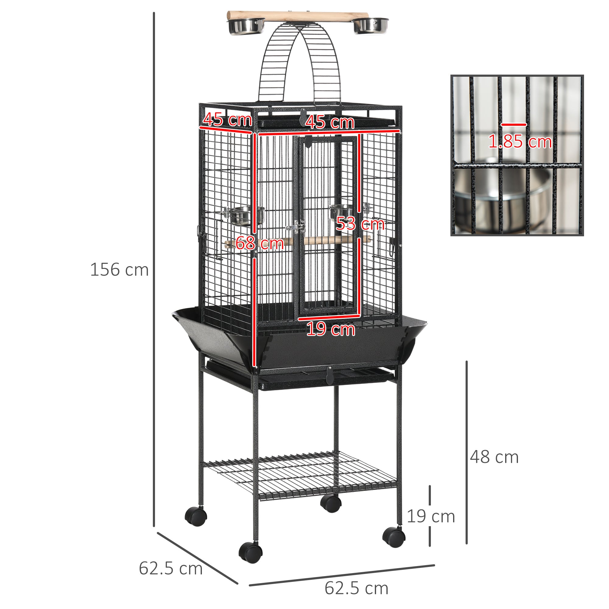 PawHut 156cm Bird Cage,Large Parrot Cage with Open Play Top, Perch, Seed Guard, Wheels, Storage Shelf, Dark Grey 