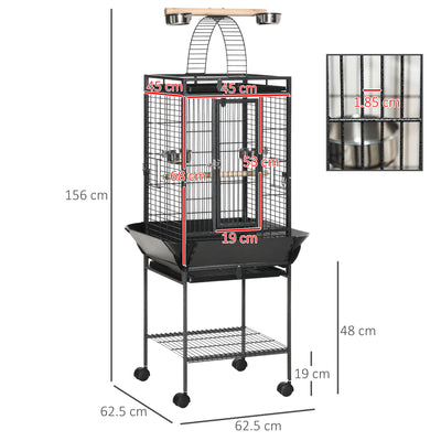 PawHut 156cm Bird Cage,Large Parrot Cage with Open Play Top, Perch, Seed Guard, Wheels, Storage Shelf, Dark Grey 