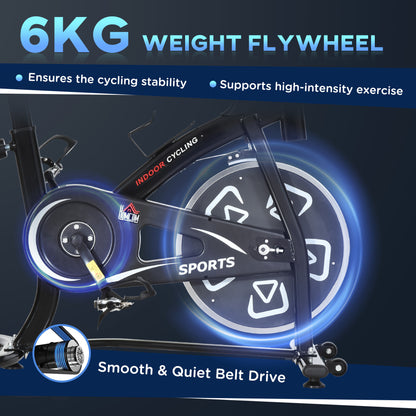 HOMCOM Indoor Stationary Exercise Bike 6kg Flywheel Fitness Cardio Workout Bke Trainer for Home Gym w/ Adjustable Resistance LCD Monitor Pad and Bottle Holder Black 