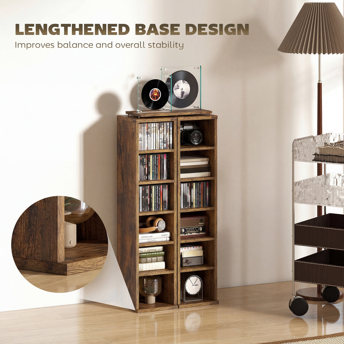 HOMCOM Set of 2 CD Media Display Shelf Unit Tower Rack with Adjustable Shelves, Rustic Brown 