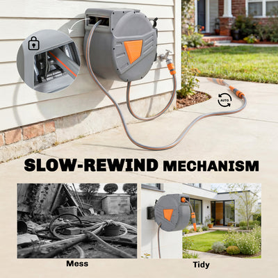 Outsunny Retractable Hose Reel Wall Mounted, 20+1.6m Garden Hose Pipe Reel with Auto Retraction, Self-Locking, Orange 