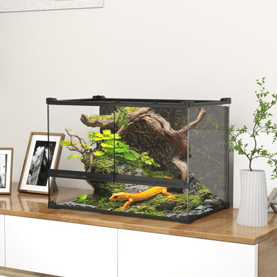 PawHut Reptile Glass Terrarium with Stone Background, Front Ventilation, Escape-Proof Knob Lock, 50 x 30 x 35 cm, Black 