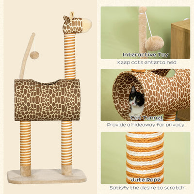 PawHut Giraffe-Designed Cat Tree, with Scratching Posts, Cat Tunnel, Toy Ball - Beige 