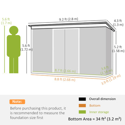 Outsunny 9ft x 4ft Metal Garden Shed, Outdoor Tool House with Foundation Kit, Ventilations and Double Doors, Dark Grey 