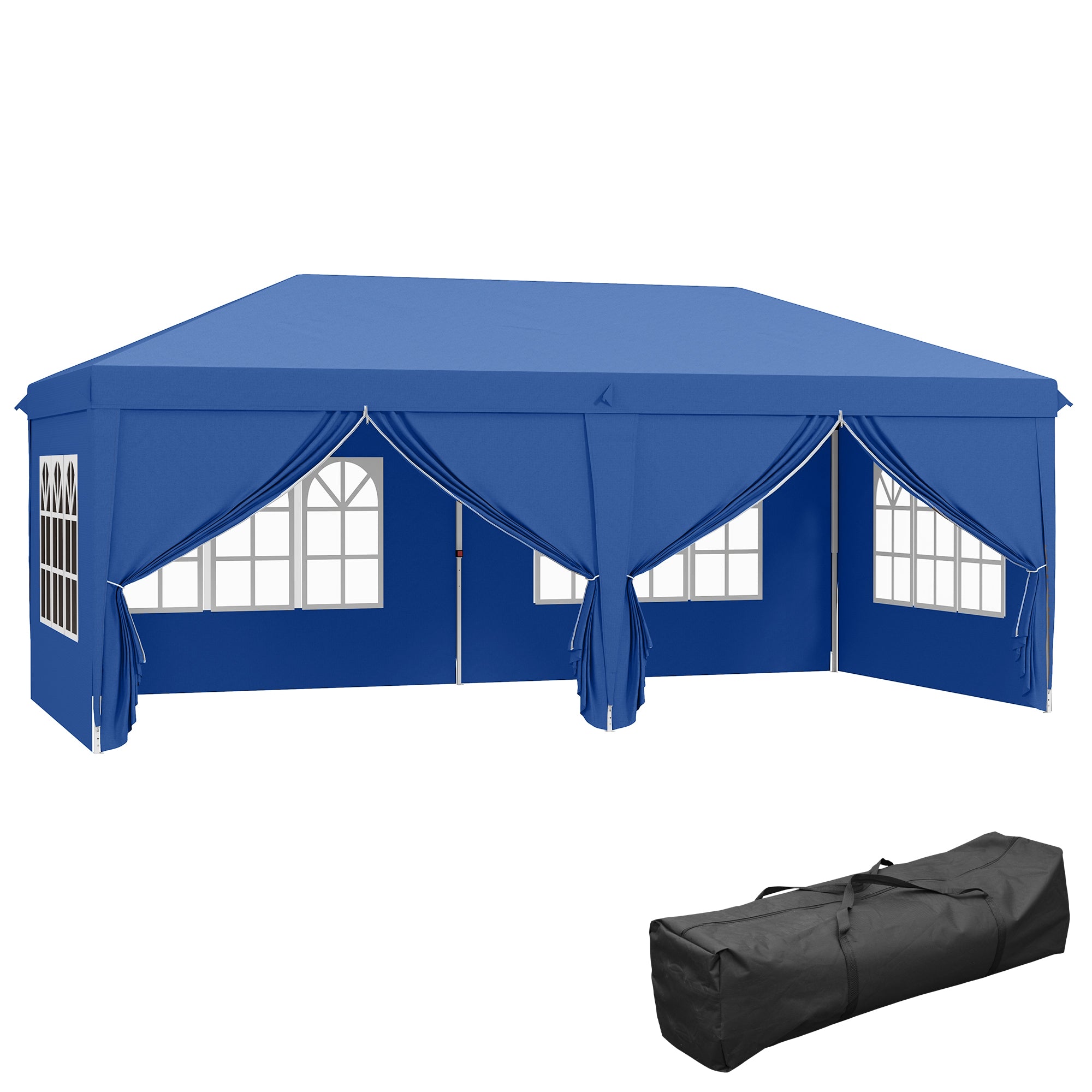 Outsunny 3 x 6 m Pop Up Gazebo with Sides and Windows, Height Adjustable Wedding Camping Party Tent Canopy Marquee with Storage Bag for Garden, Event, Blue
