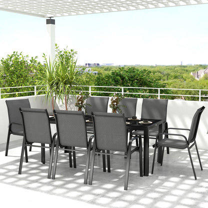 Outsunny 8 Seater Garden Dining Set with Stacking Chairs, Rectangular Tempered Glass Top, Garden Furniture Set, Outdoor Dining Table and Chairs for Patio, Balcony, Poolside, Dark Grey 