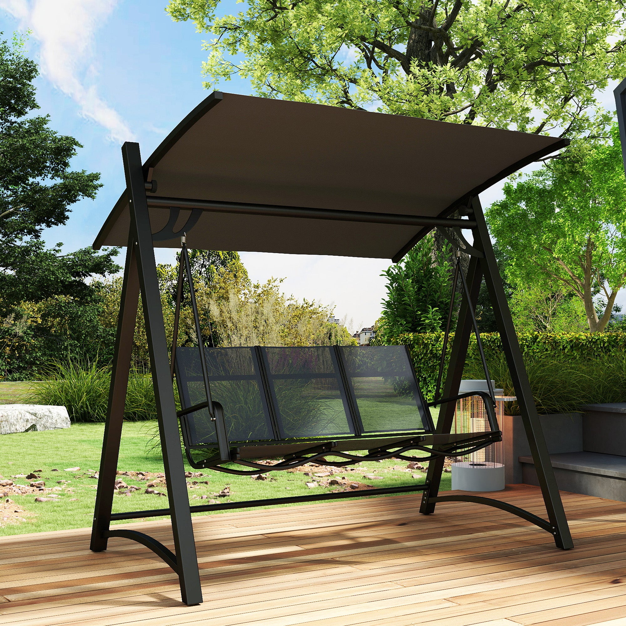 Outsunny 3 Seater Swing Chair, Garden Swing Bench with Adjustable Tilting Canopy, Breathable Mesh Seat 360 kg Capacity, Grey 