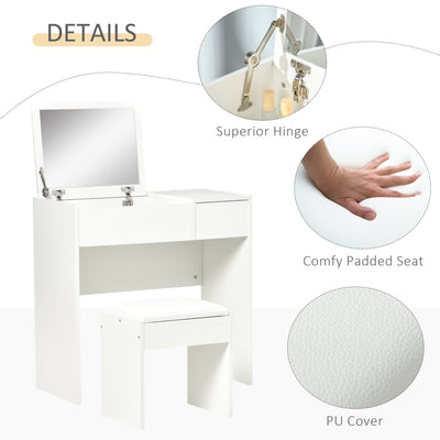 HOMCOM Makeup Desk with Drawer, Vanity Table Set with Flip-up Mirror and Cushioned Stool, White 