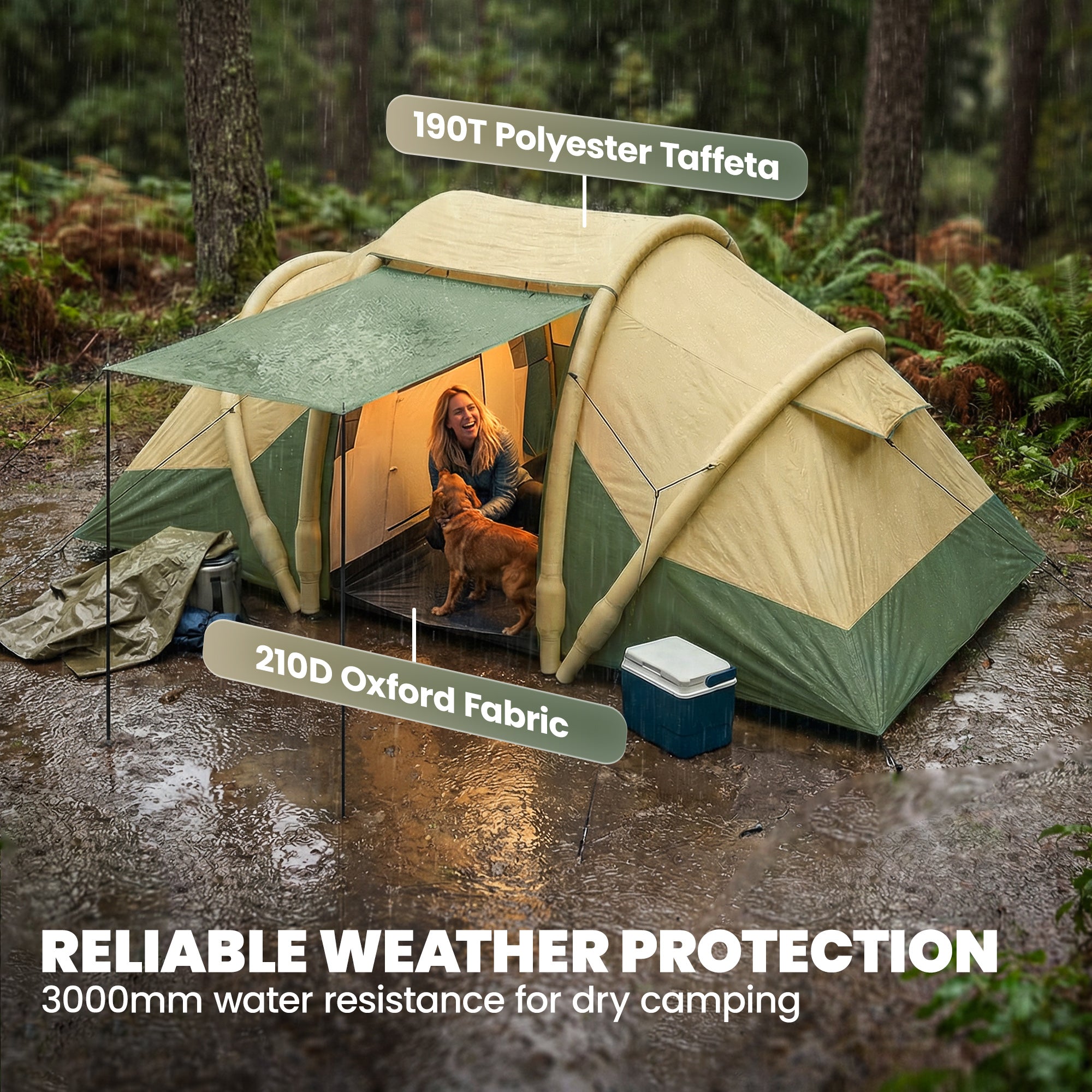 Outsunny Inflatable Tent 2 Bedroom 3000mm Waterproof Windproof Air Tent with Carry Bag for 4 Person 