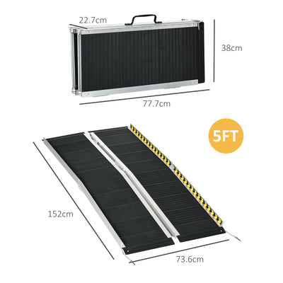 HOMCOM Wheelchair Ramp, 152L x 73Wcm, 272KG Capacity, Folding Aluminium Threshold Ramp with Non-Skid Surface, Transition Plates Above and Below for Home, Steps, Stairs, Curbs, Doorways 