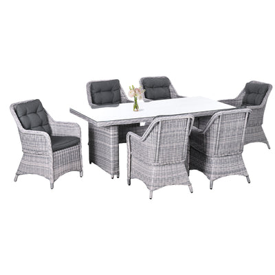 Outsunny 6 Seater Rattan Dining Set, Round PE Rattan Garden Furniture Set with Seat and Back Cushions, Aluminium Outdoor Dining Table and Chairs with 6 Armchairs, Rectangular Glass Top Table, Grey 