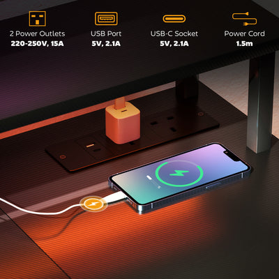HOMCOM LED Computer Desk, with Power Outlets and Shelves - Carbon Fibre Grey 