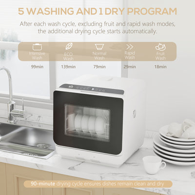 HOMCOM 6L Five-Mode Tabletop Dishwasher - White 