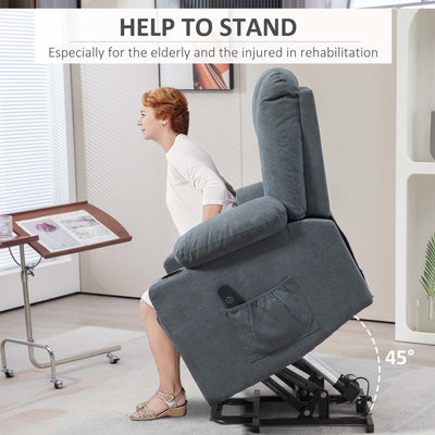 HOMCOM Oversized Riser and Recliner Chairs for the Elderly, Fabric Upholstered Lift Chair for Living Room with Remote Control, Side Pockets, Cup Holder, Grey 