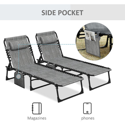 Outsunny Portable Sun Lounger Set of 2, Folding Camping Bed Cot, Reclining Lounge Chair 5-position Adjustable Backrest with Side Pocket, Pillow for Patio Garden Beach Pool, Mixed Grey 
