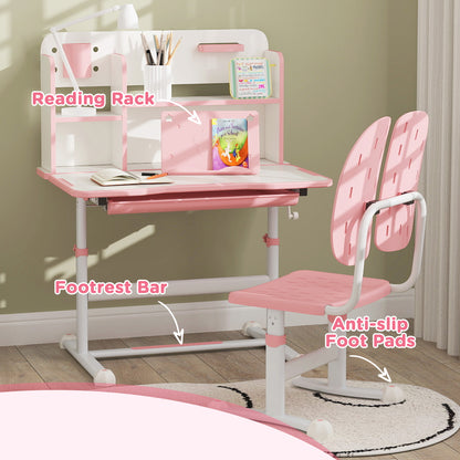 AIYAPLAY Height Adjustable Kids Desk and Chair Set, Children School Study Desk with Tiltable Desktop, Reading Rack,  Pink 