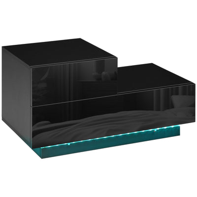 HOMCOM High Gloss Front Bedside Table with Drawers Nightstand with RGB LED Light and Remote for Bedroom Living Room Black 