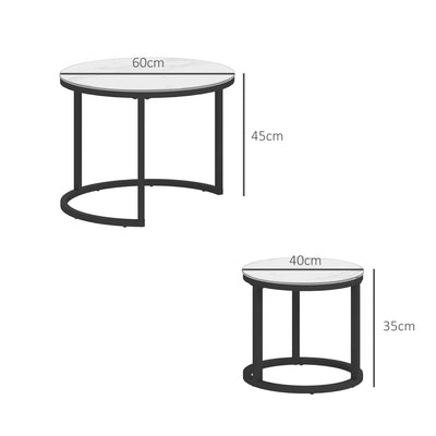 HOMCOM Glass Coffee Table Set of 2, Round Nest of Tables with Marble-Effect Tempered Glass Tabletop and Steel Frame, Modern Side Tables for Living Room, White 