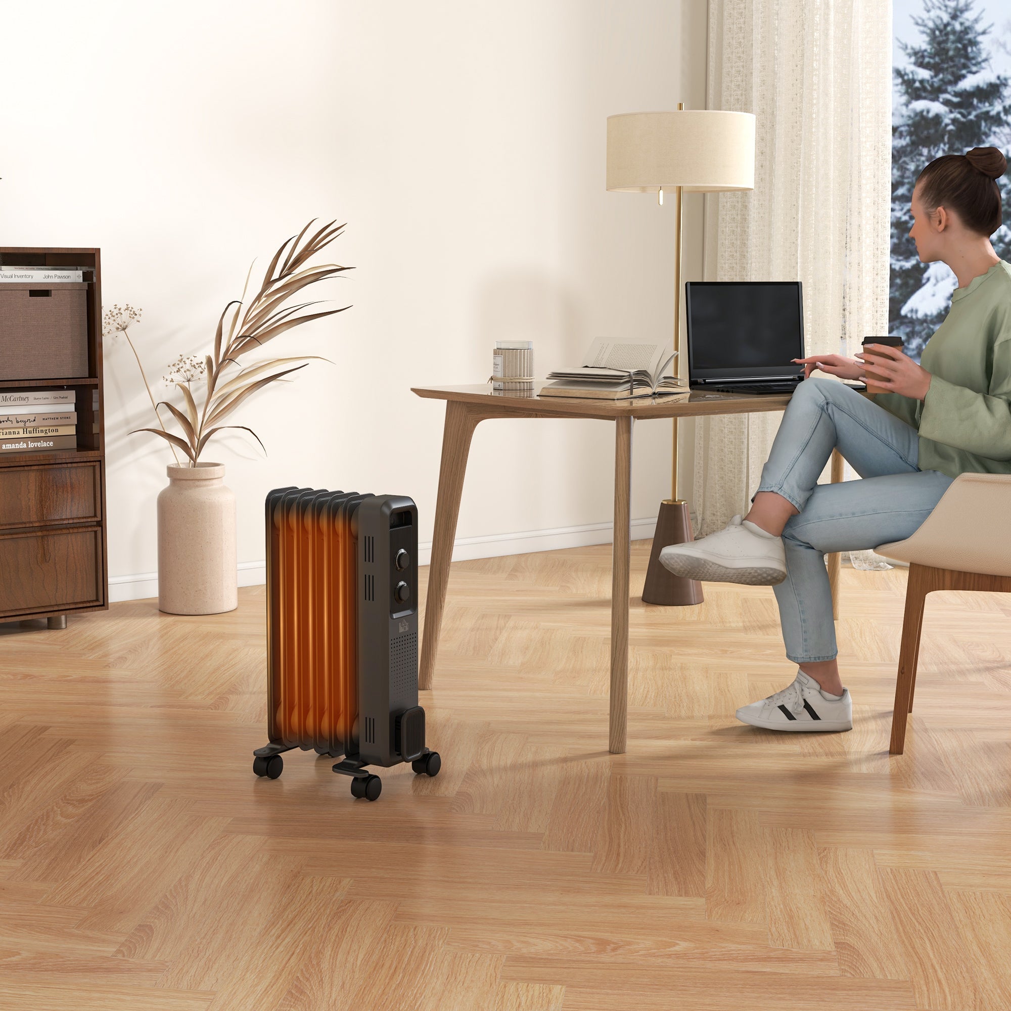 HOMCOM 1500W Oil Filled Radiator, 7 Fin, Portable Electric Heater with 3 Heat Settings, Safety Cut-Off and Wheels, Grey 