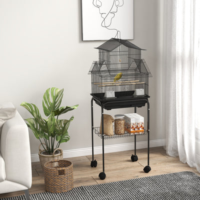 PawHut Metal Bird Cage with Plastic Swing, Perch, Food Container, Tray, Handle, for Finches, Canaries, Budgies, 43.5 x 33 x 121 